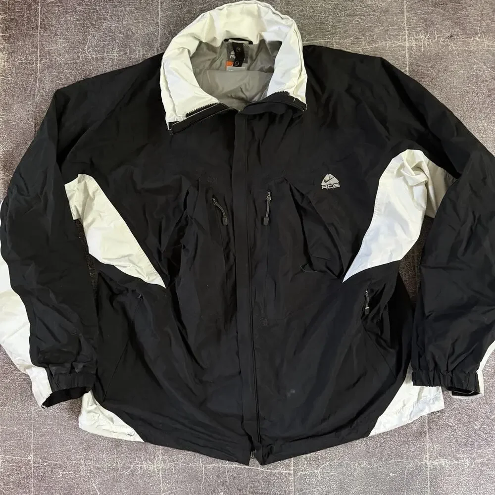 Men's Vintage Y2K Nike ACG Black White Windbreaker Zip Up Rain Coat Jacket Sz XL